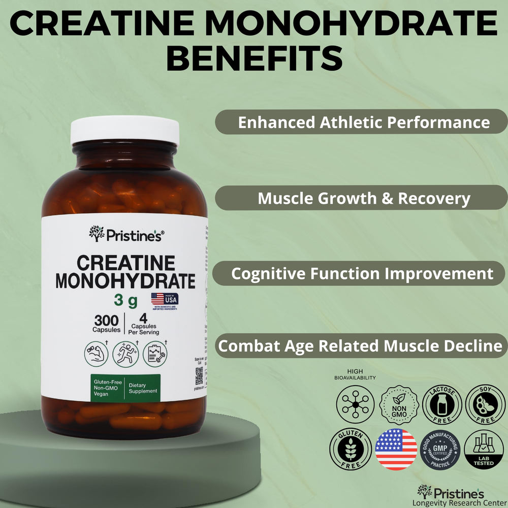 PRISTINE'S Creatine Monohydrate Capsules pour daily intake during workouts.