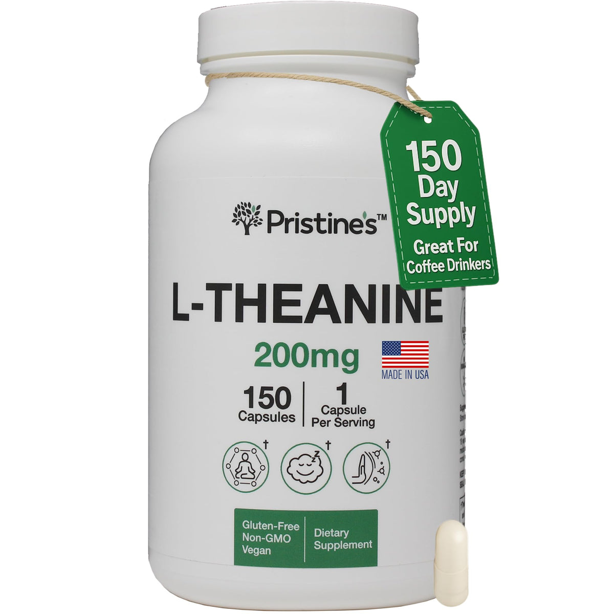 PRISTINE'S L-Theanine sleep capsule bottle promotes relaxation for a calmer evening.