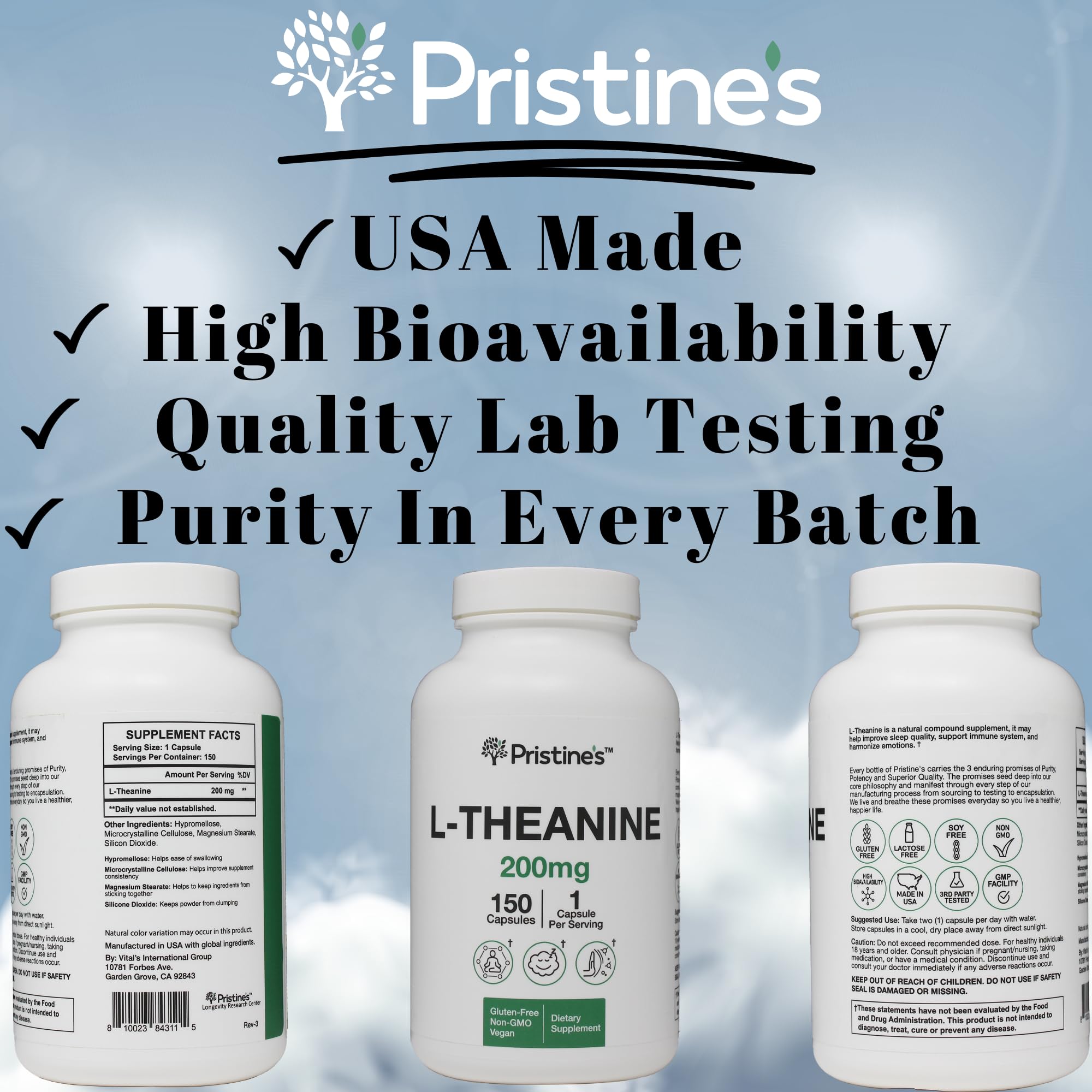 PRISTINE'S L-Theanine 200 mg per capsule supports daily evening use.