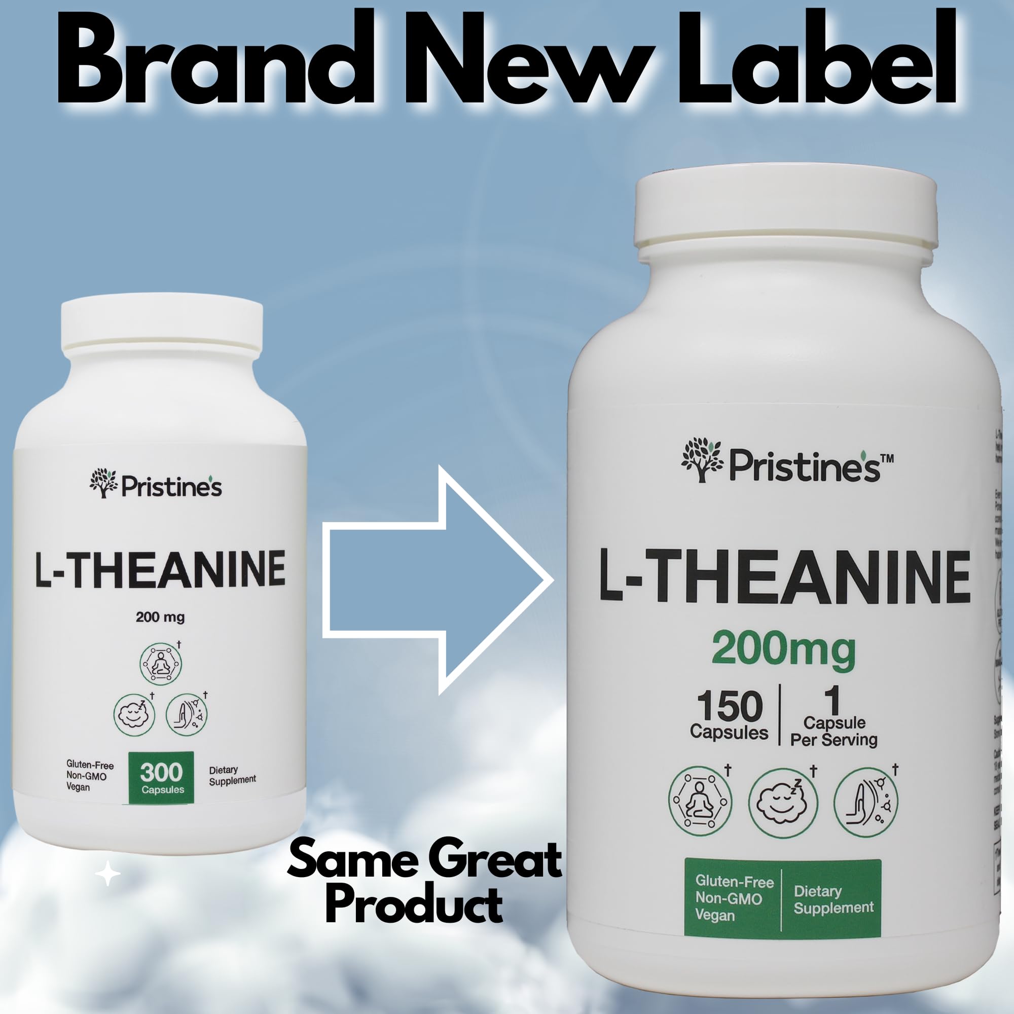 PRISTINE'S L-Theanine sleep capsule label shows 200 mg per capsule for easy dosing.