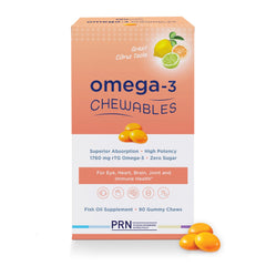 PRN Omega-3 Gummy Chewables bottle for convenient daily use supporting eye and heart health