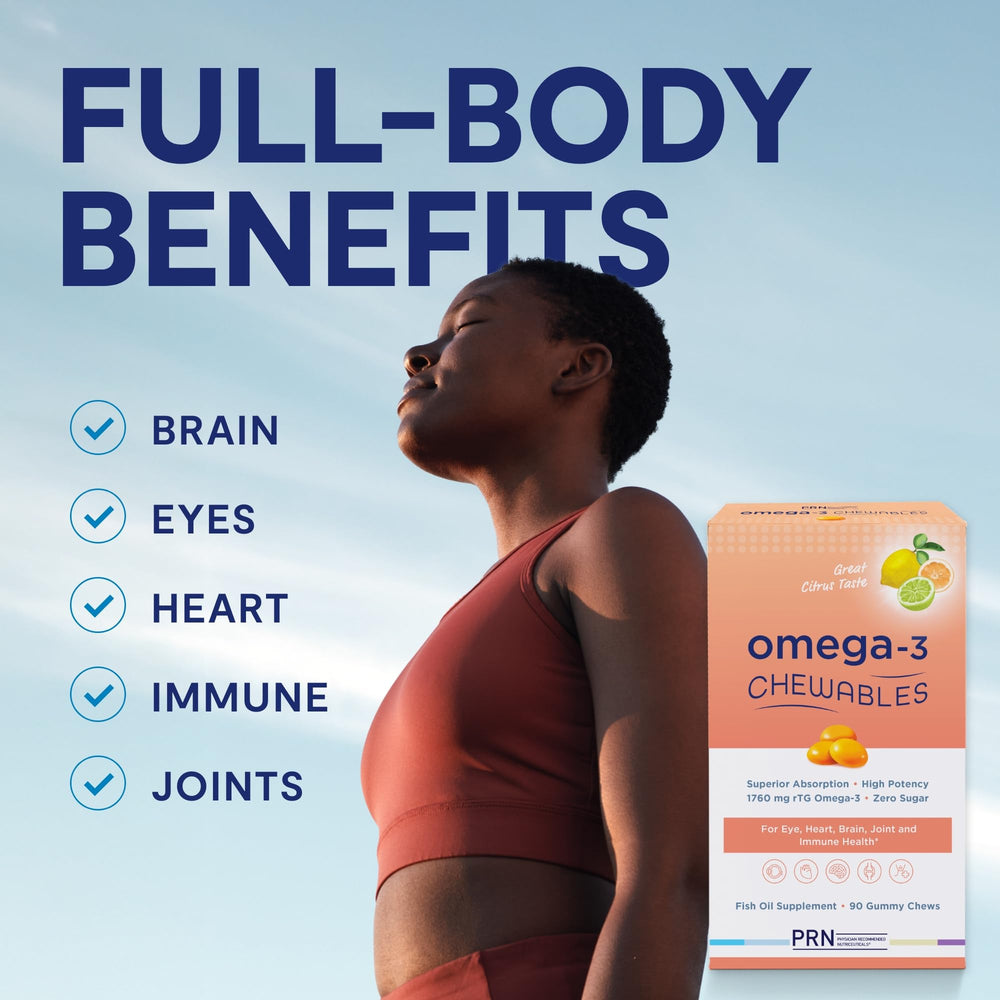 PRN Omega-3 Gummy Chewables citrus flavor visible in bite-sized gummies