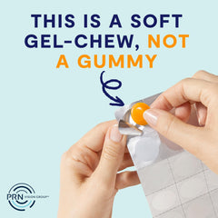 PRN Omega-3 Gummy Chewables close-up of label emphasizing non-GMO, dairy-free, gluten-free formula