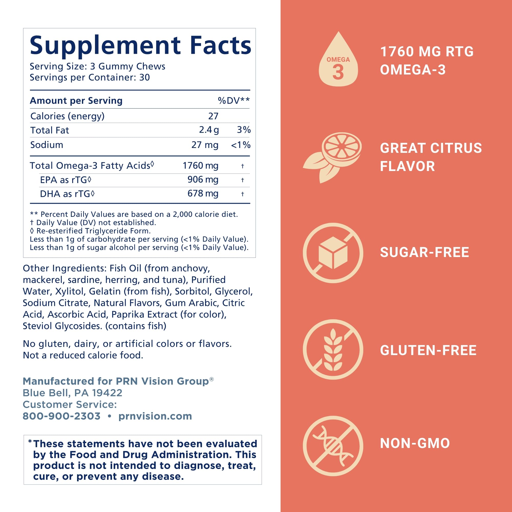 Close-up of PRN Omega-3 Gummy Chewables showing citrus flavor and soft texture