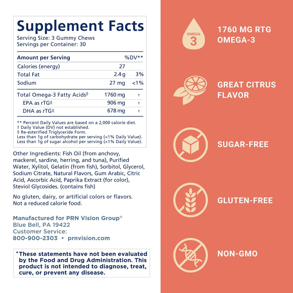 Close-up of PRN Omega-3 Gummy Chewables showing citrus flavor and soft texture