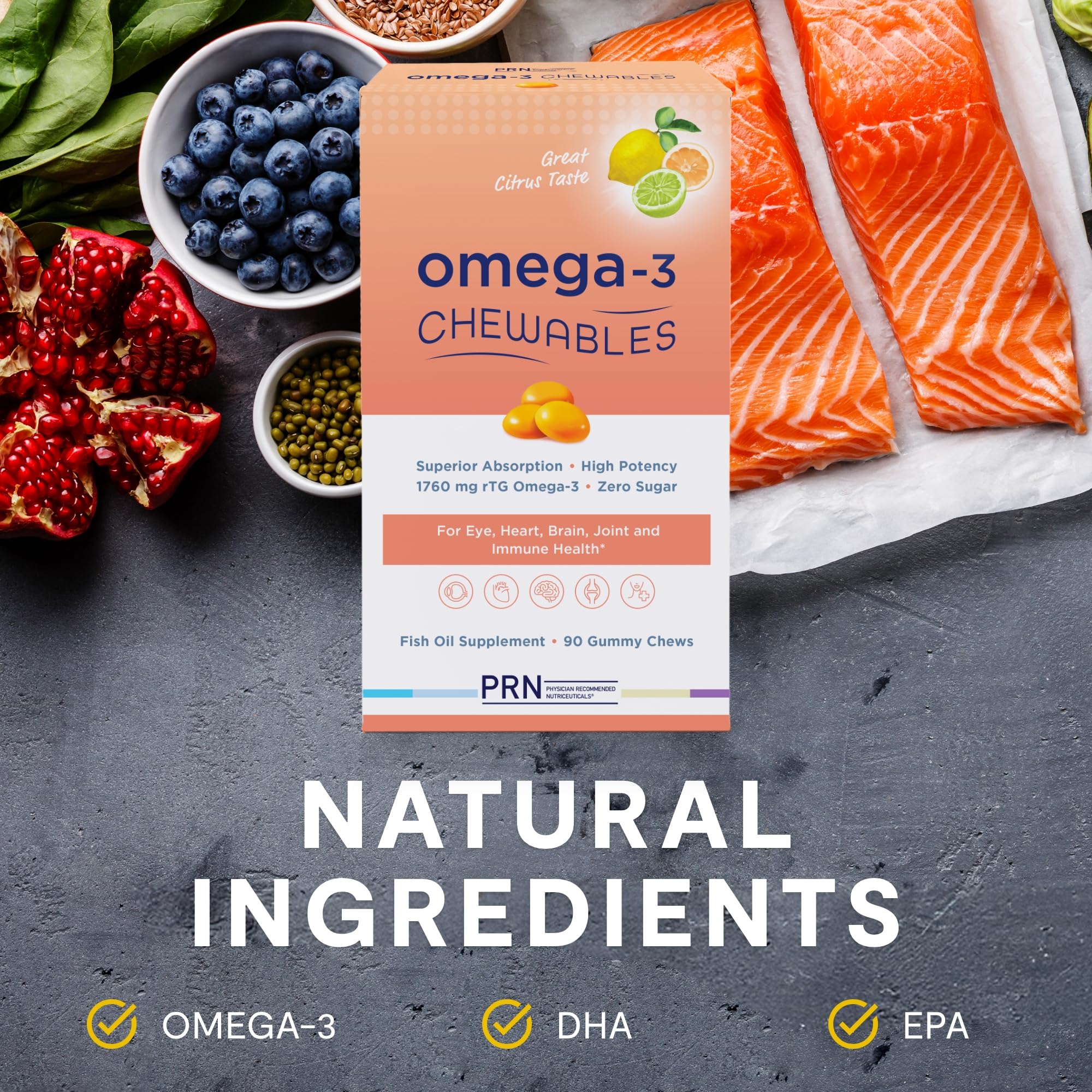 PRN Omega-3 Gummy Chewables wild-caught fish oil source highlighted on packaging