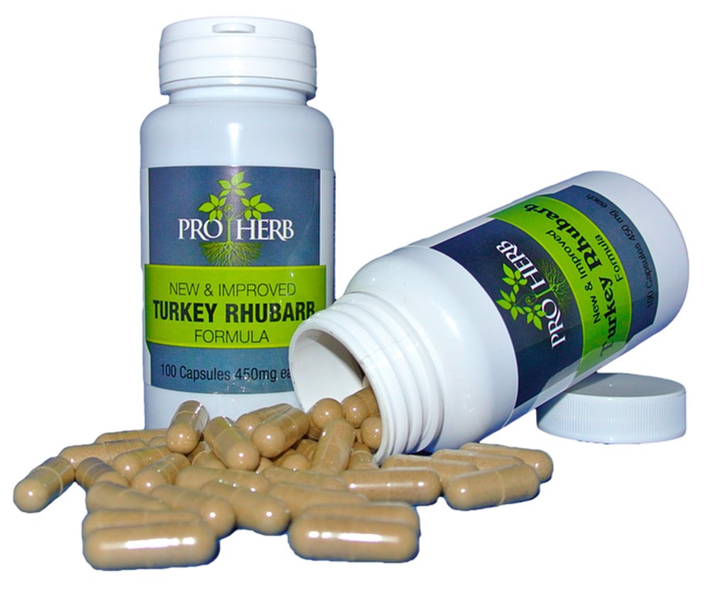 Pro Herb turkey rhubarb capsules bottle for gentle colon support.