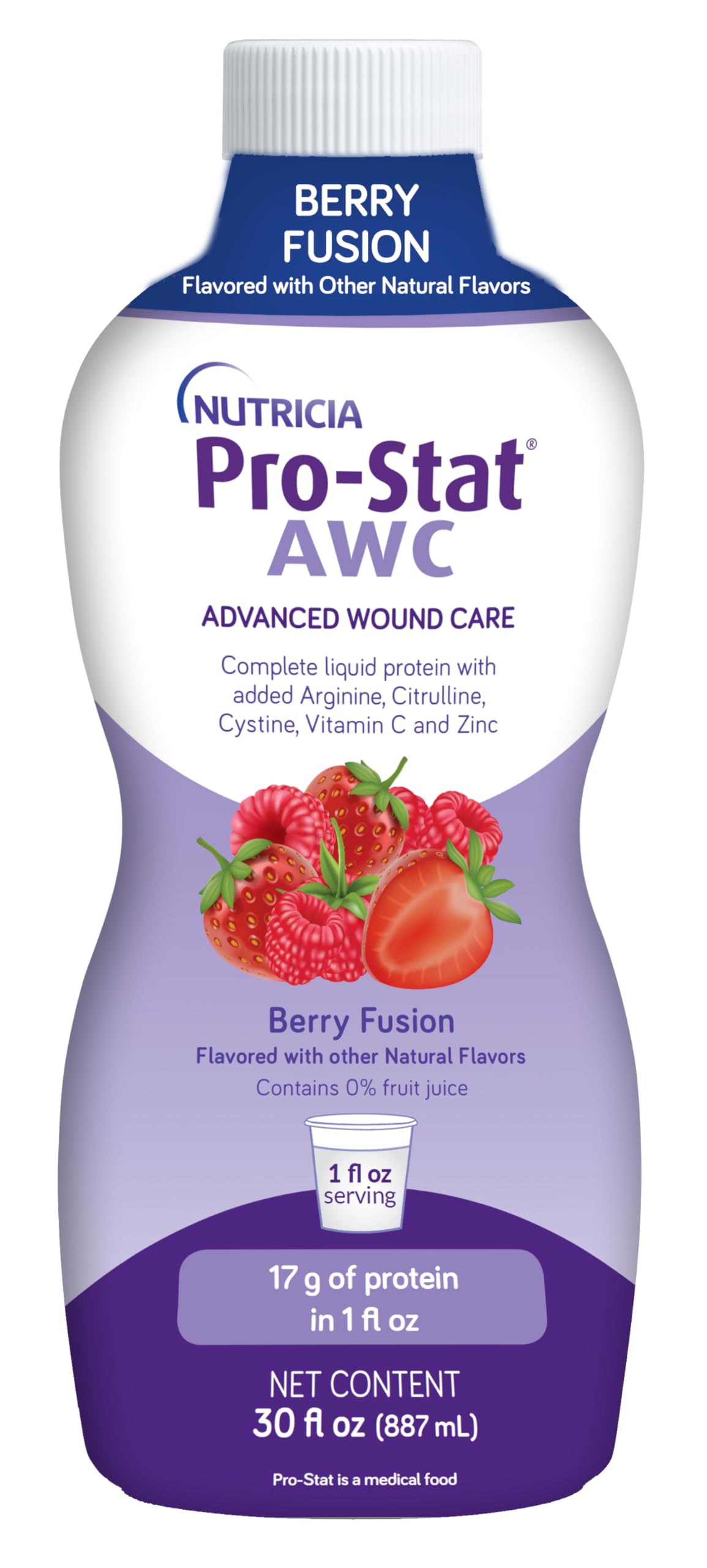 Pro-Stat AWC Berry Fusion bottle shows ready-to-drink nutrition for wound care