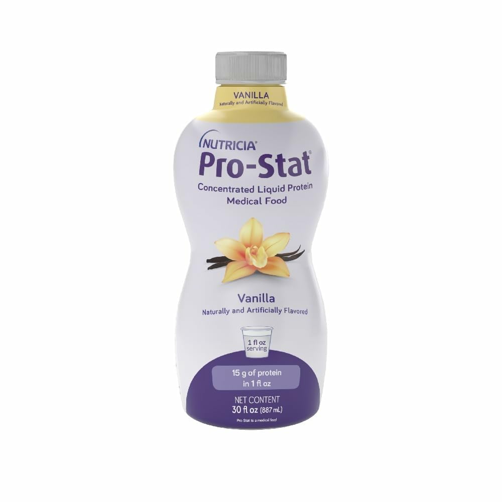 Pro-Stat vanilla concentrated liquid protein bottle shown for convenient daily nutrition.