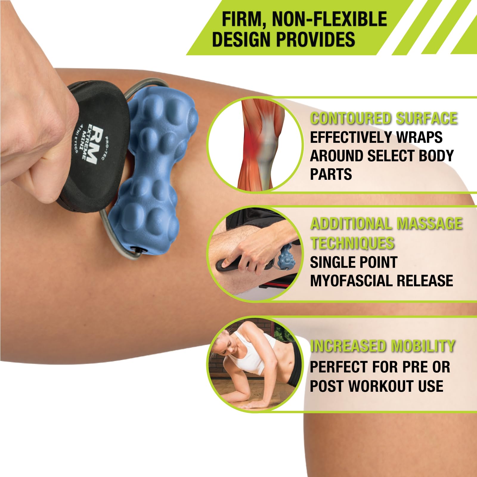 Pro-Tec RM Extreme Mini Roller textured surface aids grip and stability during self-massage.