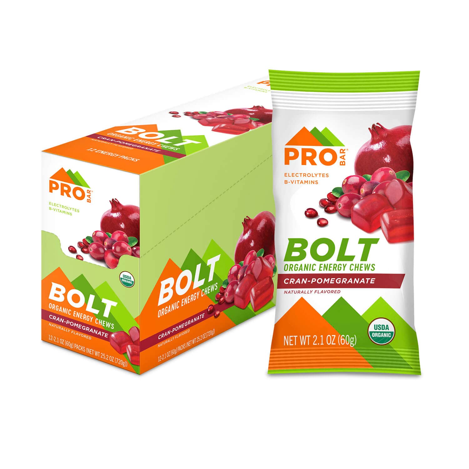 ProBAR Bolt Cranberry Pomegranate front-pack for quick on-the-go energy.