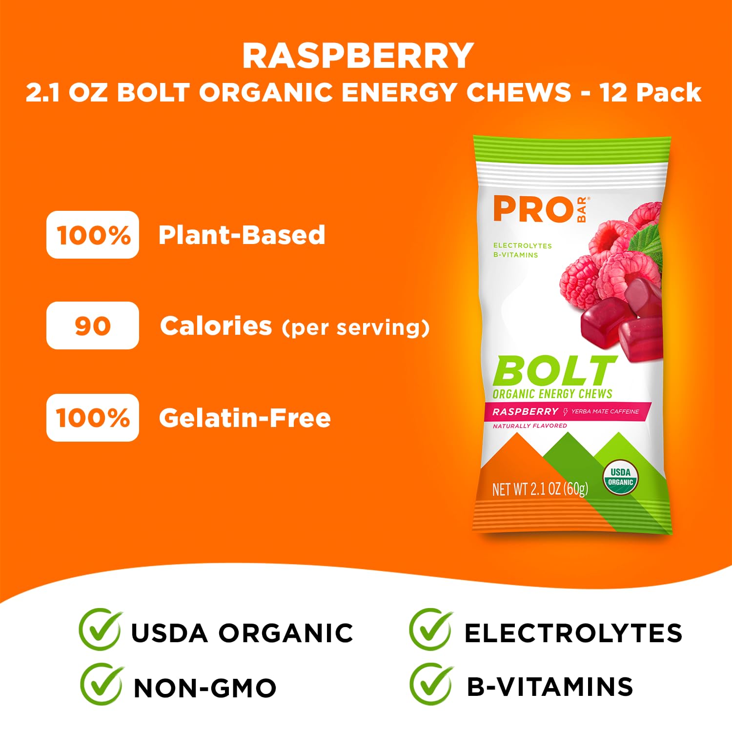 Probar BOLT Raspberry Energy Chews banner notes organic ingredients.