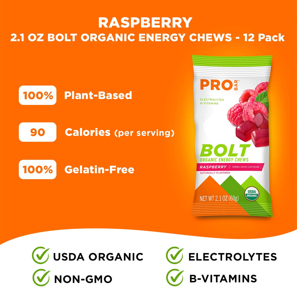 Probar BOLT Raspberry Energy Chews banner notes organic ingredients.