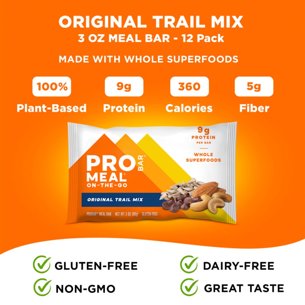PROBAR MEAL Bar Original Trail Mix nutrition facts highlighting protein.