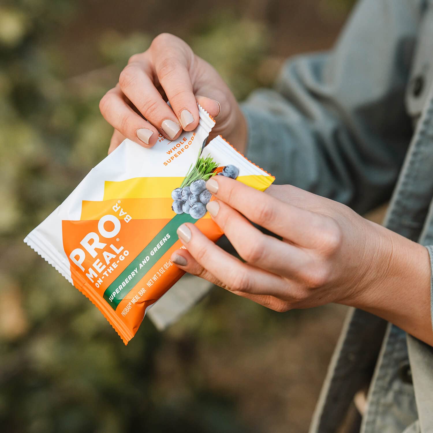 PROBAR MEAL Bar Superberry & Greens ingredients spread with oats, nuts, greens.