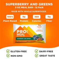 PROBAR MEAL Bar Superberry & Greens wrapper closeup highlighting quality and non-GMO appeal.