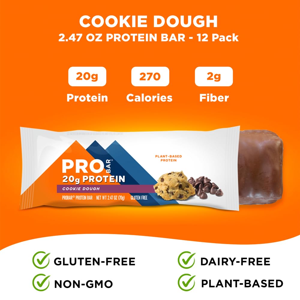Probar Protein Bar Cookie Dough gluten-free Non-GMO packaging highlights clean ingredients.