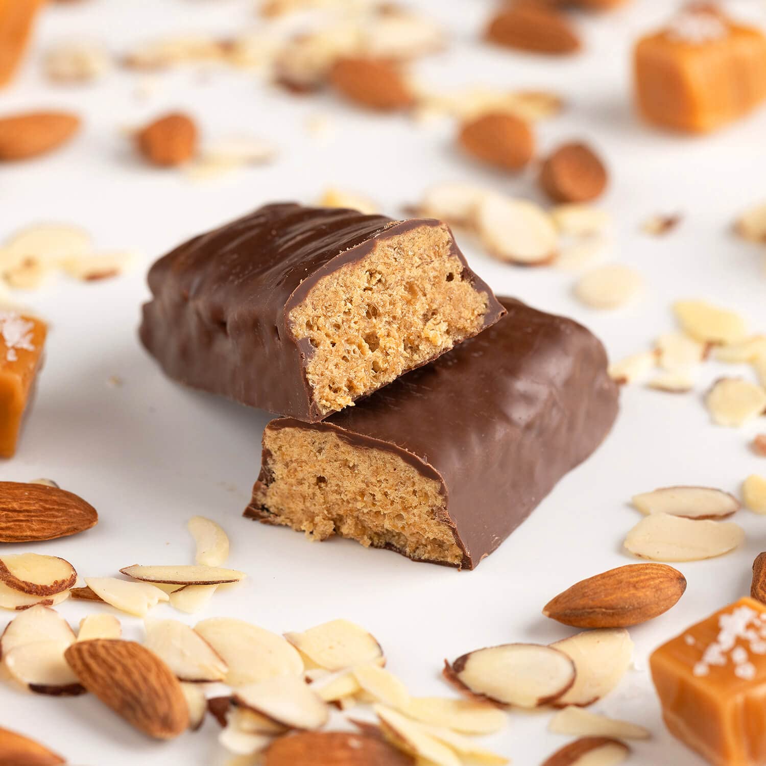 ProBAR bar slice reveals creamy almond butter and caramel notes.