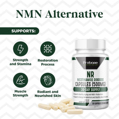 Probase NR capsules close-up showing 500 mg per capsule and daily use