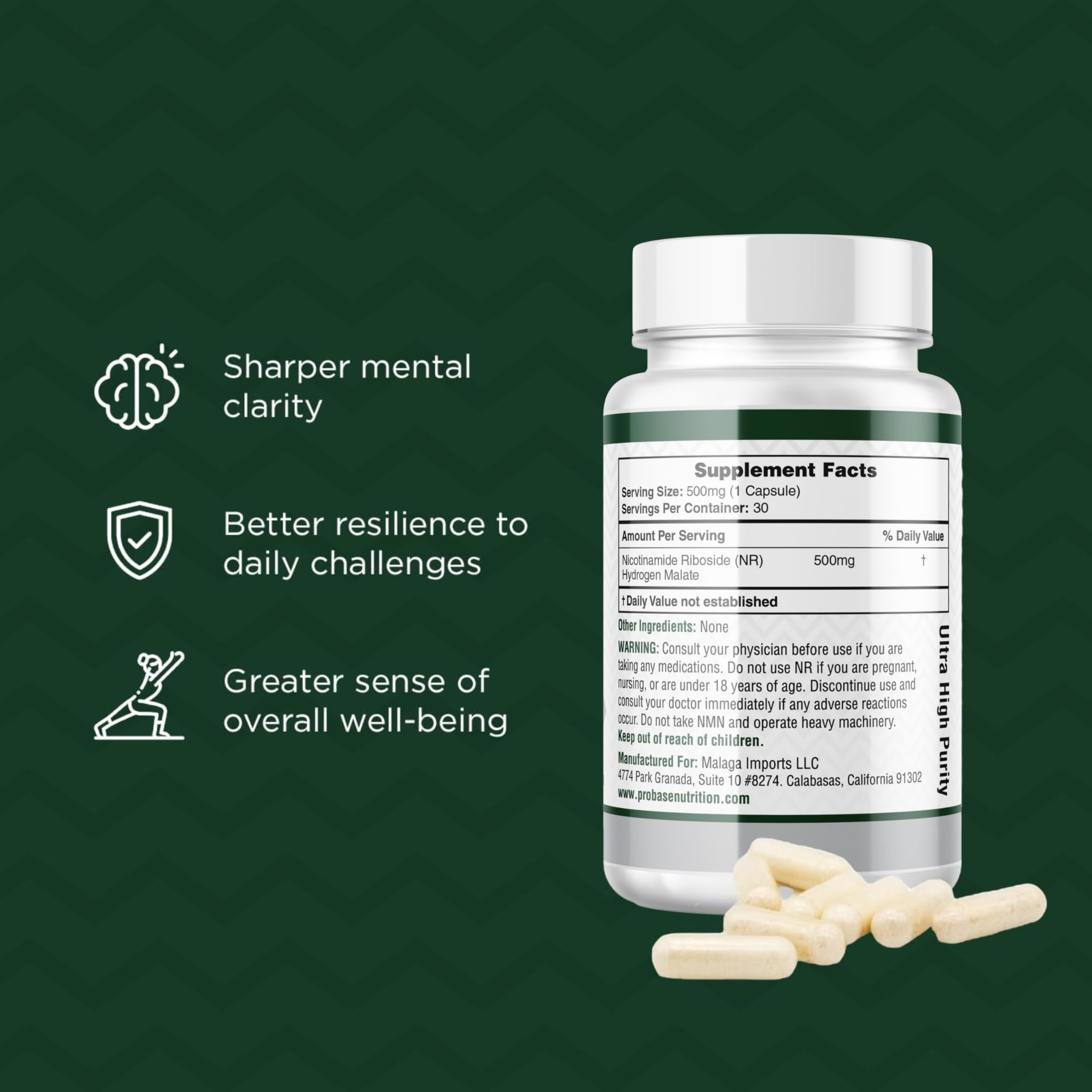 Probase NR packaging flatlay with label details and dosage guidance