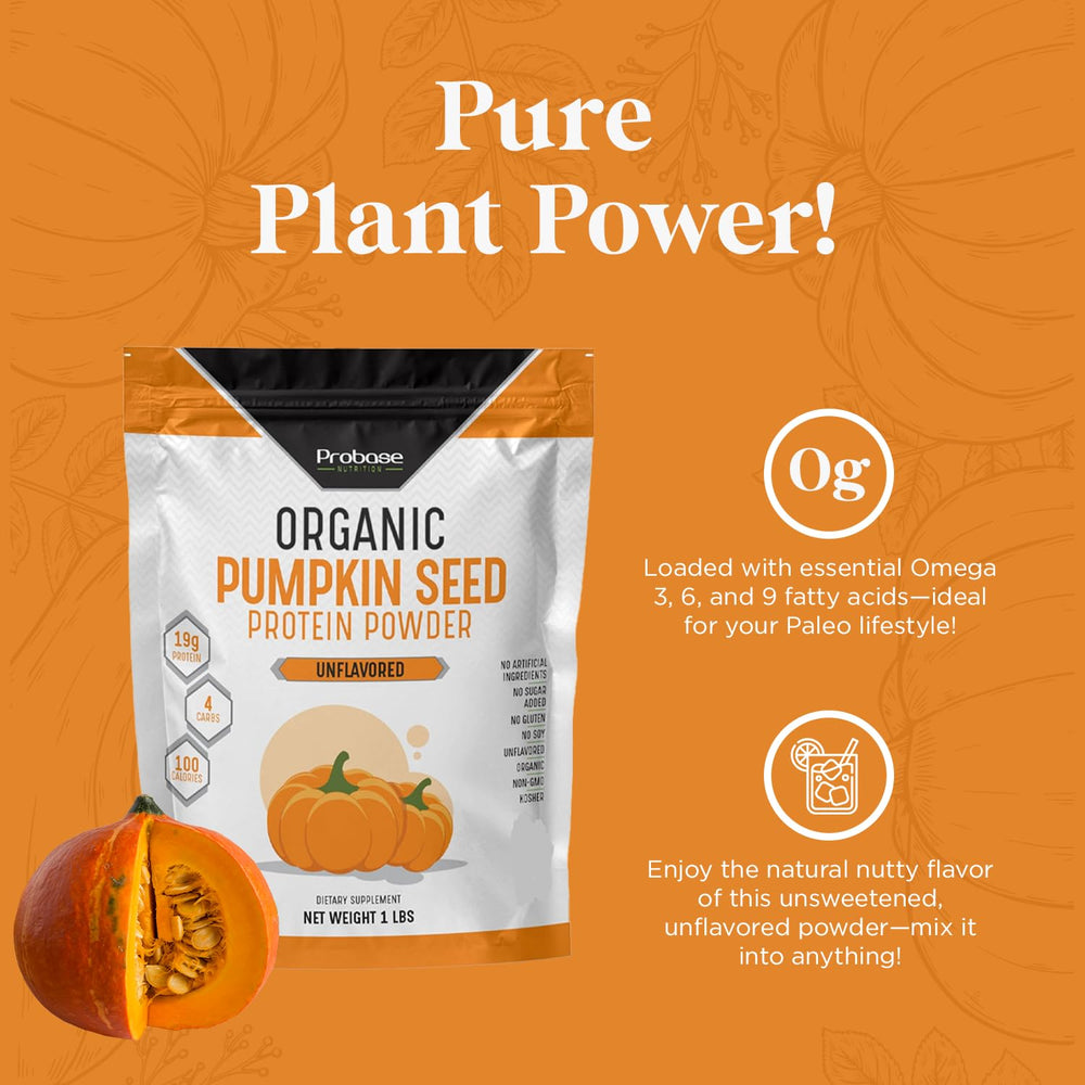 Probase Nutrition omega-fatty-acids chart highlighting fat profile from pumpkin seeds.
