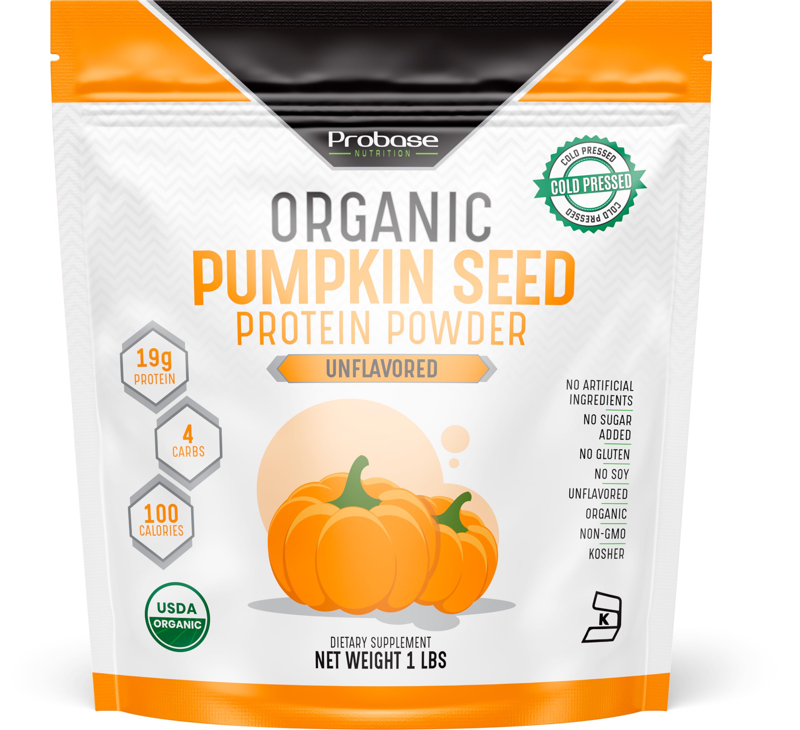 Probase Nutrition pumpkin seed protein tub label shows unsweetened, clean plant-based nutrition.