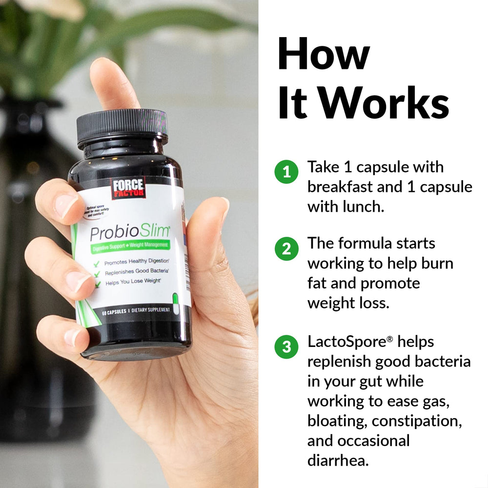 ProbioSlim bottle pour action illustrating convenient dosing and on-the-go use