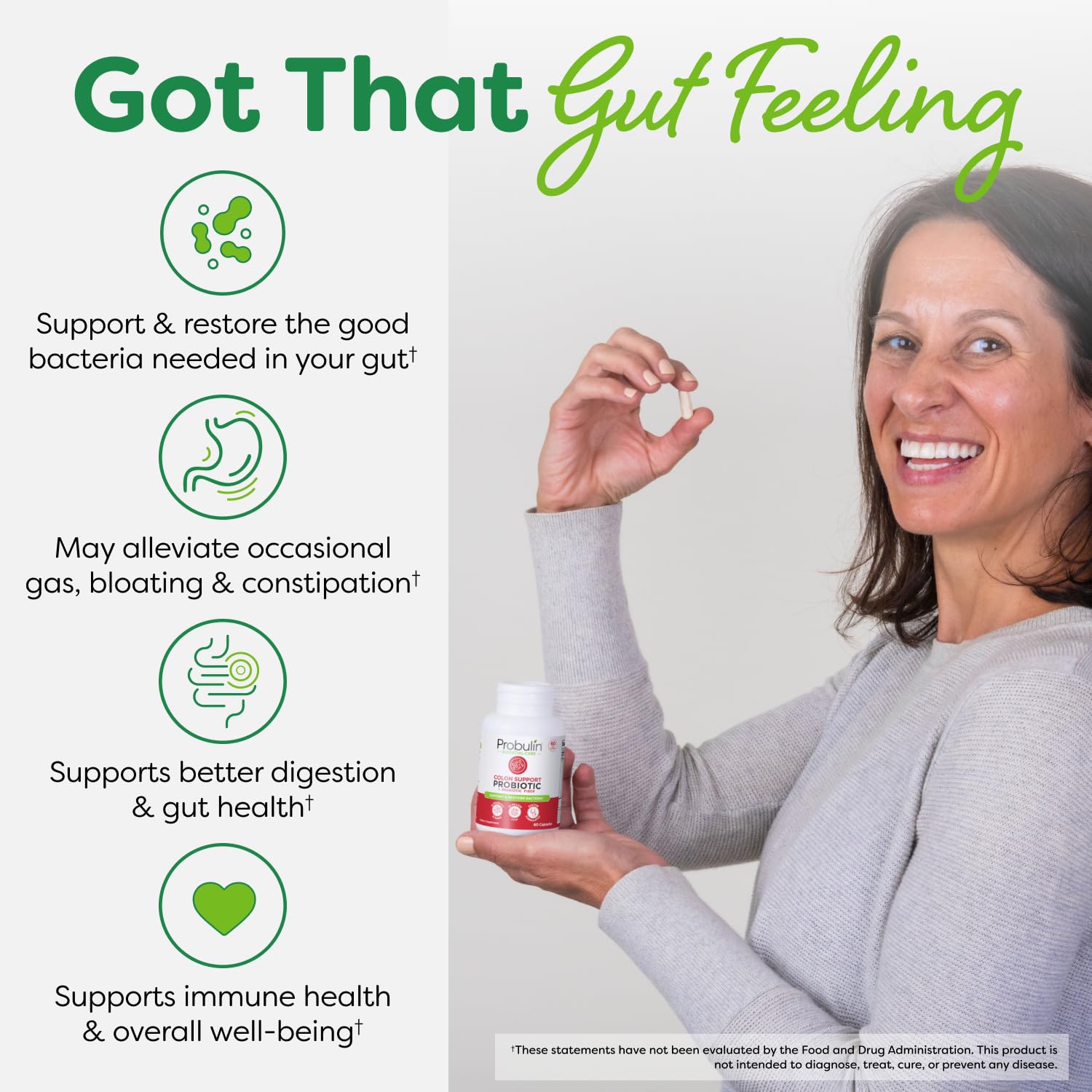 Probulin colon support graphic illustrating gut health benefits and balance.