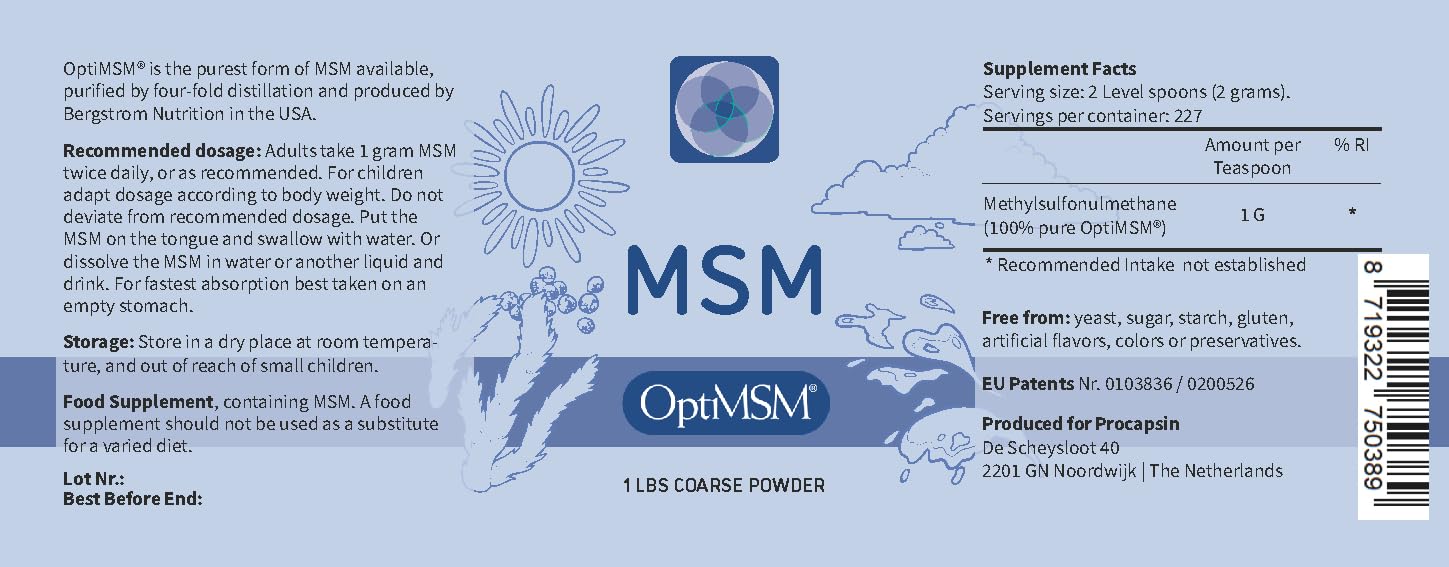 Procapsin OptiMSM powder in jar ready to blend into drinks.