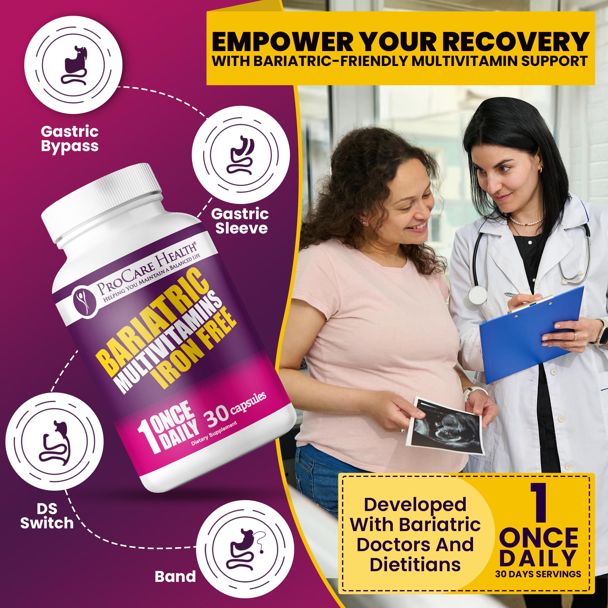 Label on ProCare Health iron-free multivitamin highlighting essential vitamins