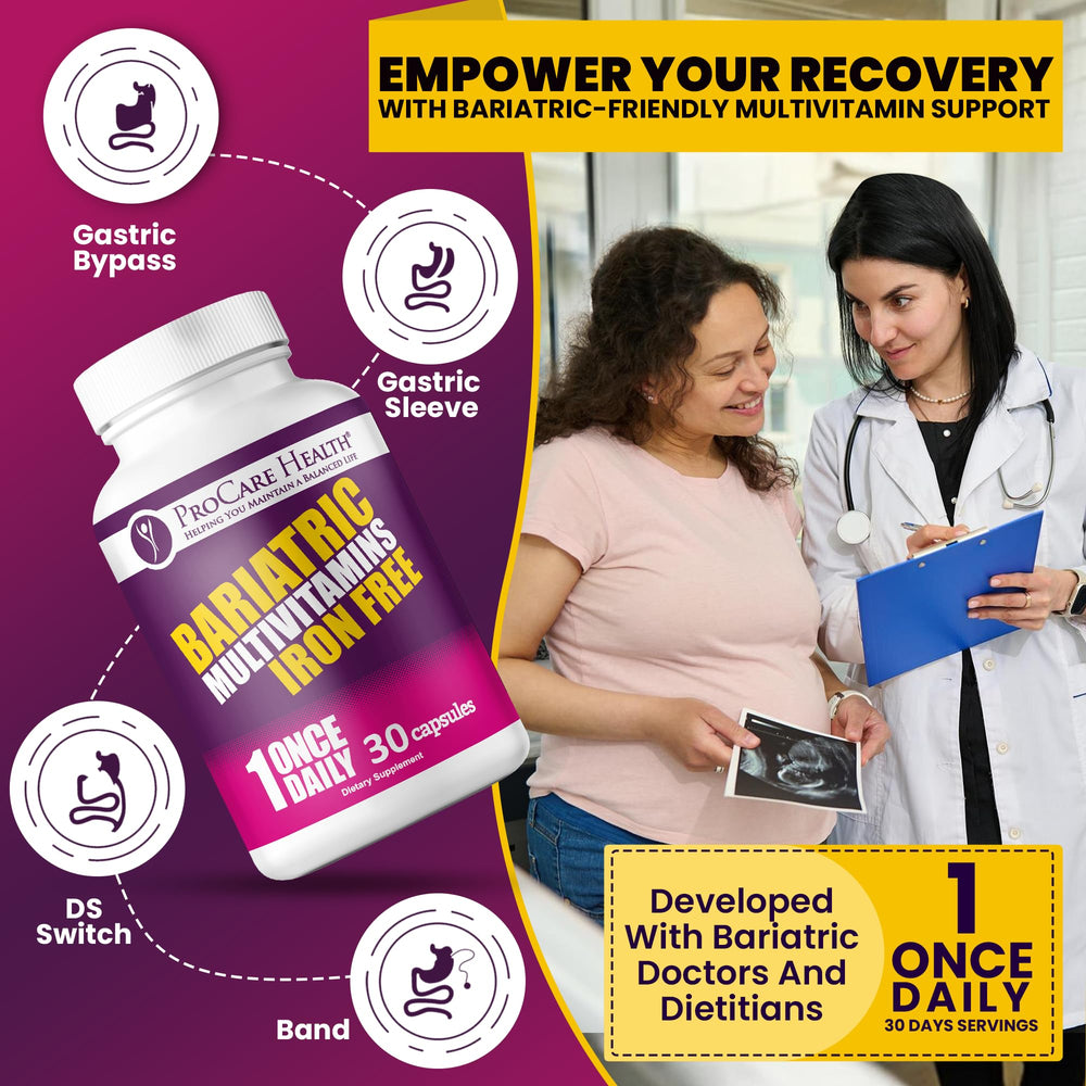 Label on ProCare Health iron-free multivitamin highlighting essential vitamins