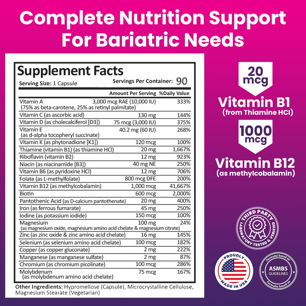 ProCare Health bariatric multivitamin label showing clean-label formula with no artificial colors