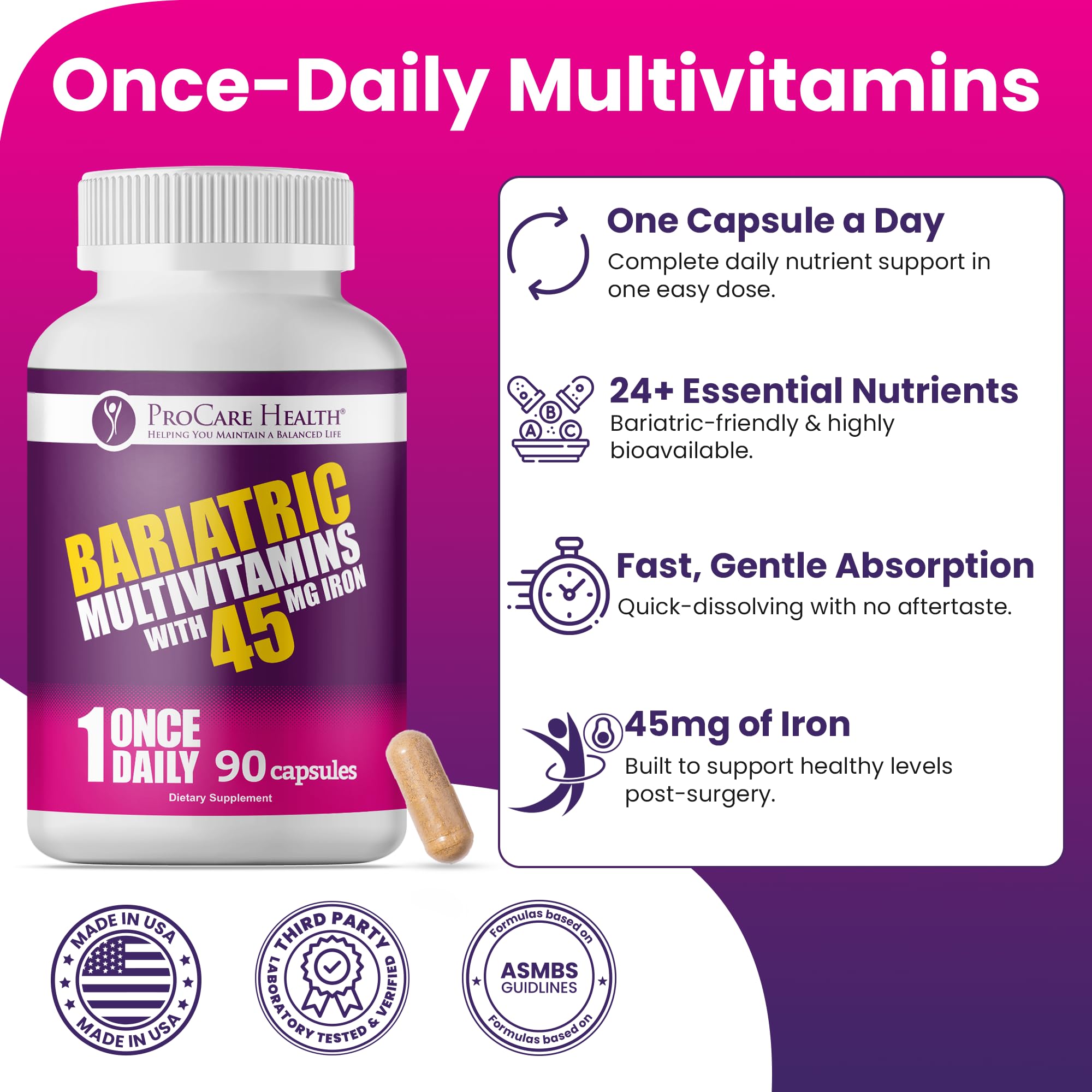 Nutrient panel on ProCare Health bariatric multivitamin highlighting B12, D3, Iron, Zinc