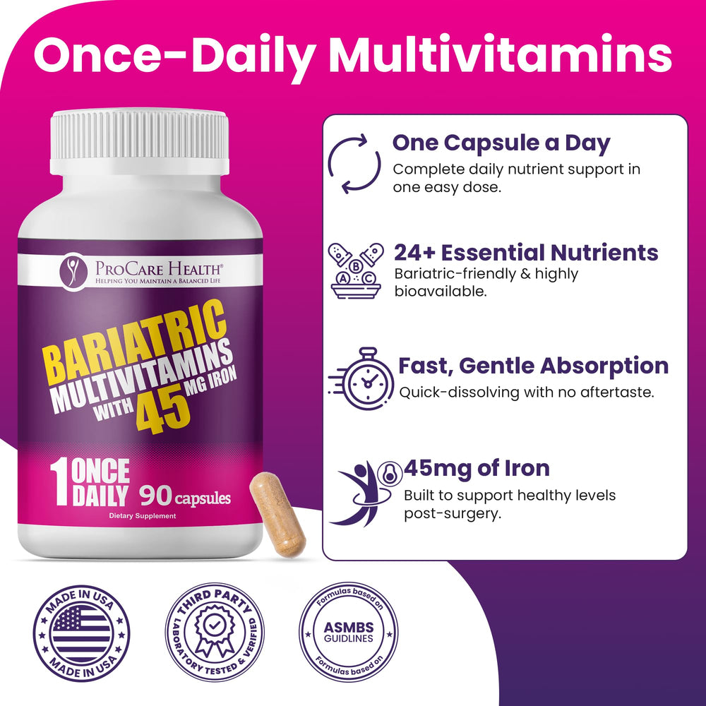 Nutrient panel on ProCare Health bariatric multivitamin highlighting B12, D3, Iron, Zinc