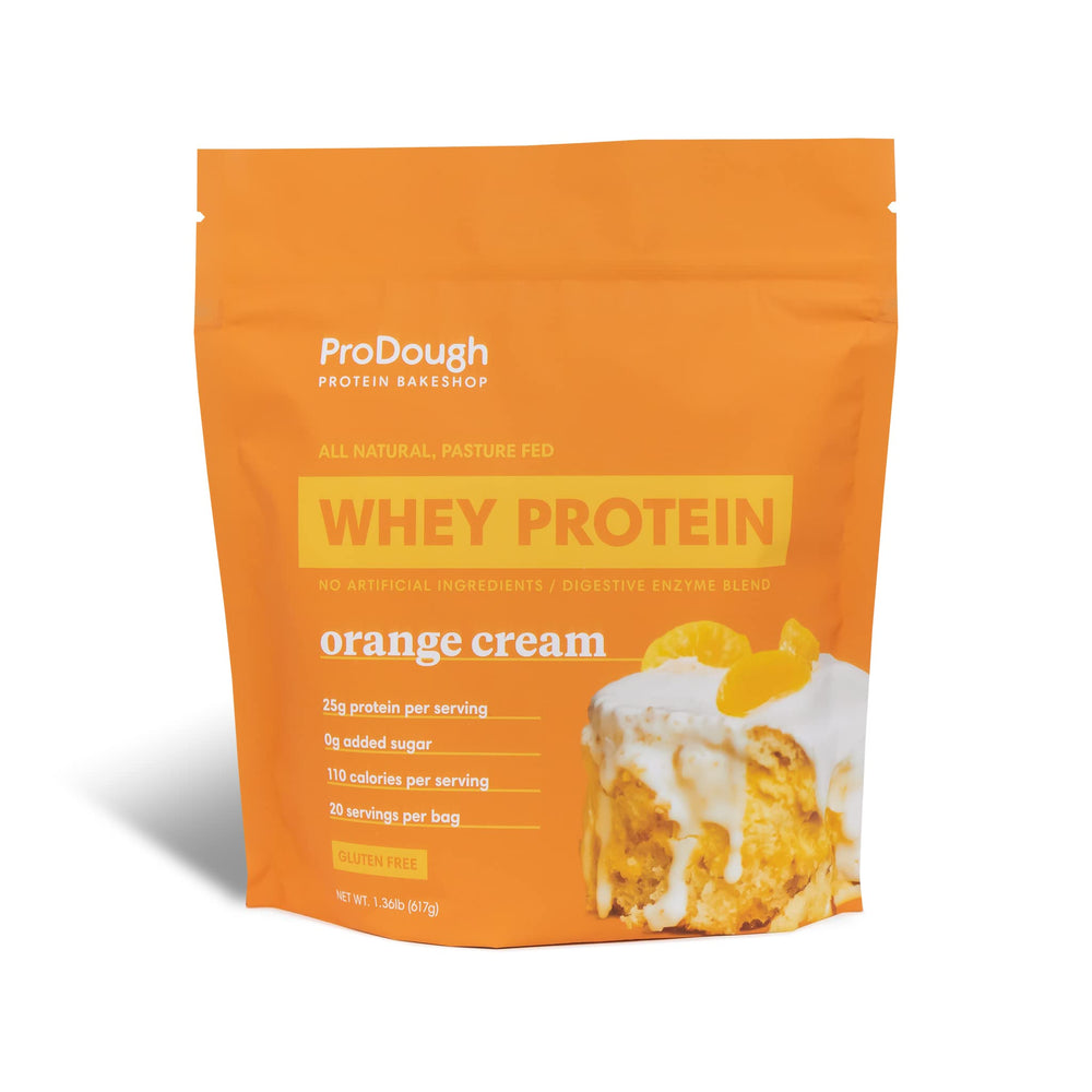ProDough Orange Cream tub front highlighting a high protein formula for daily shakes