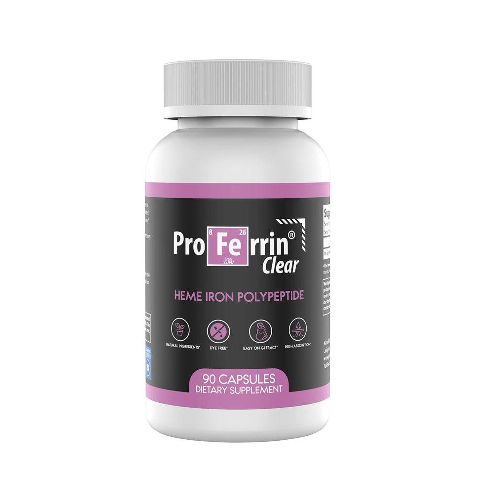 Proferrin Clear bottle with dye-free capsules for gentle daily iron support.