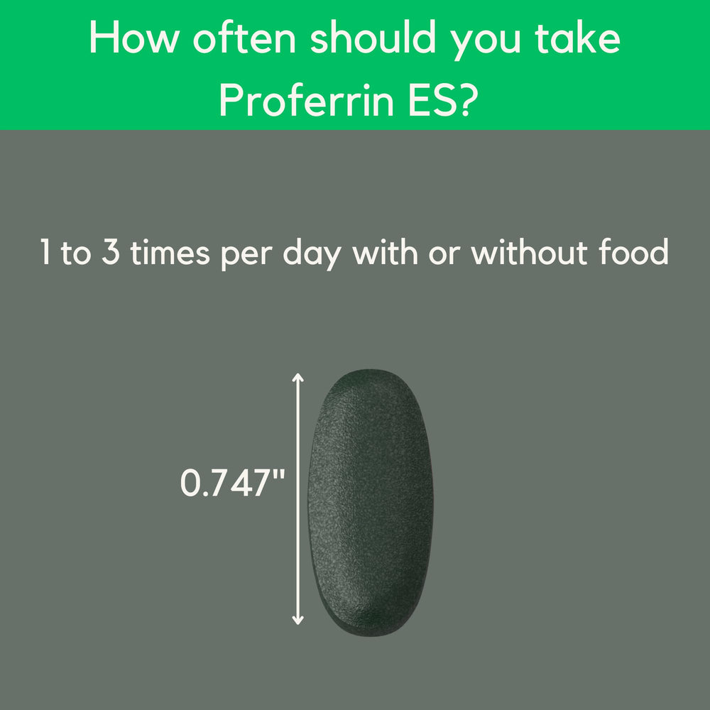 Proferrin ES 90-tablet bottle displayed for steady iron support.