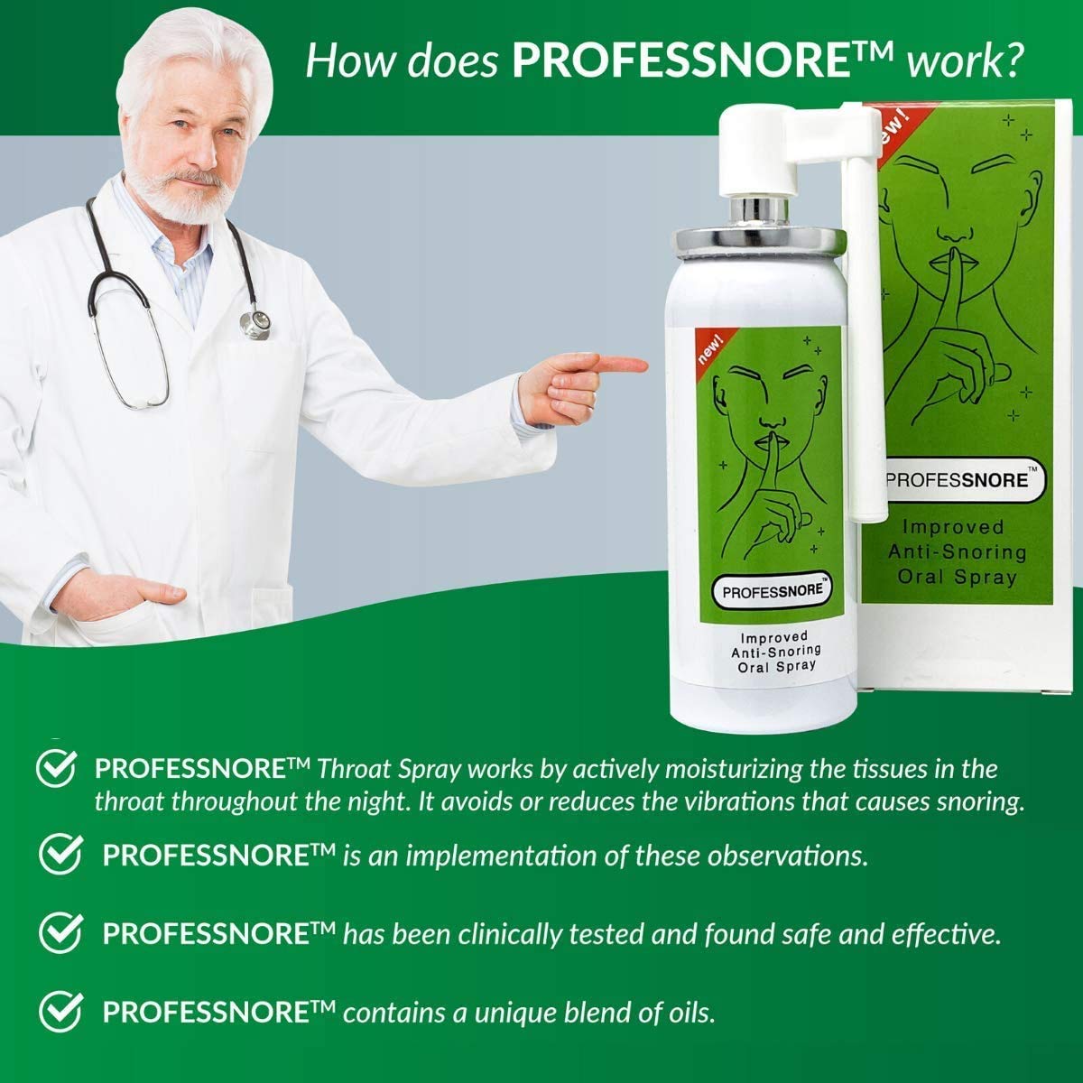 Professnore natural ingredients blend highlights a gently formulated snore support.