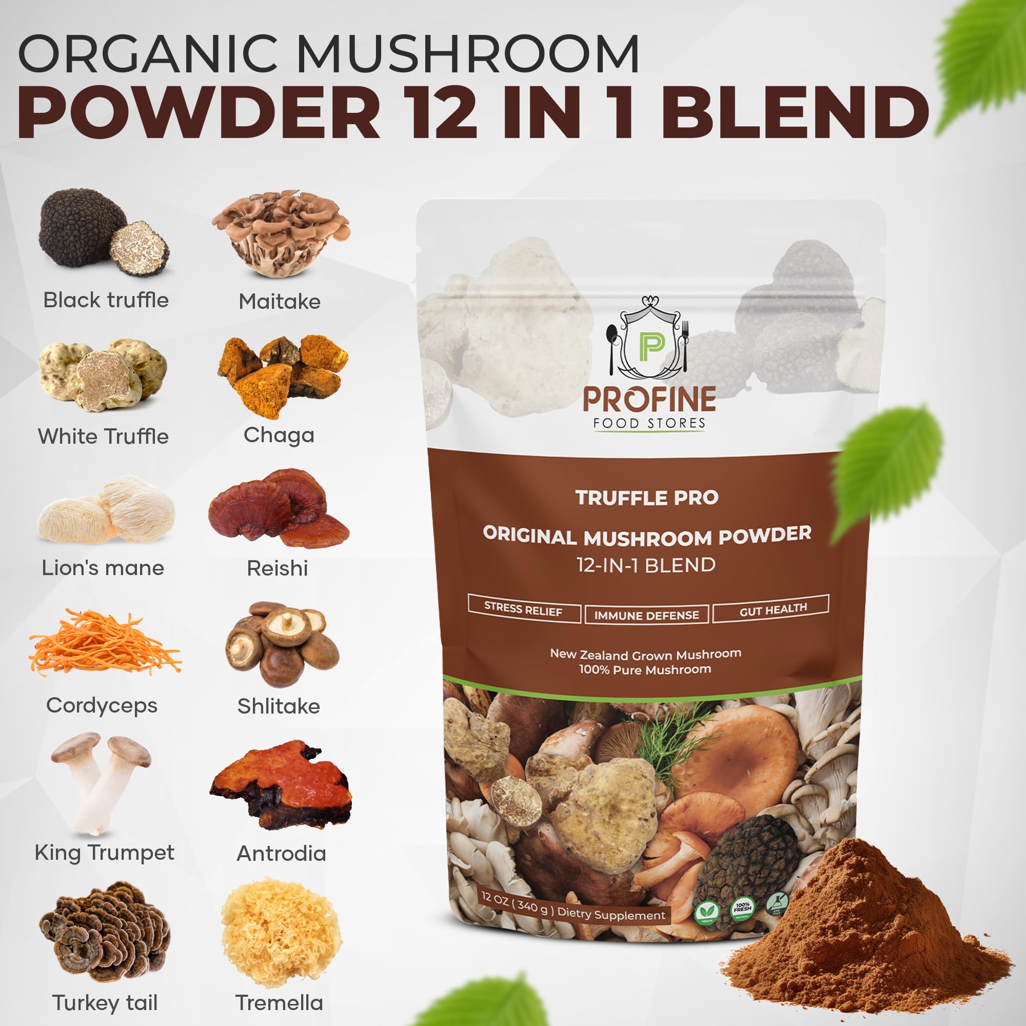 PROFINE Truffle PRO mushroom powder in oatmeal bowl—adds earthy depth and convenient daily nutrition