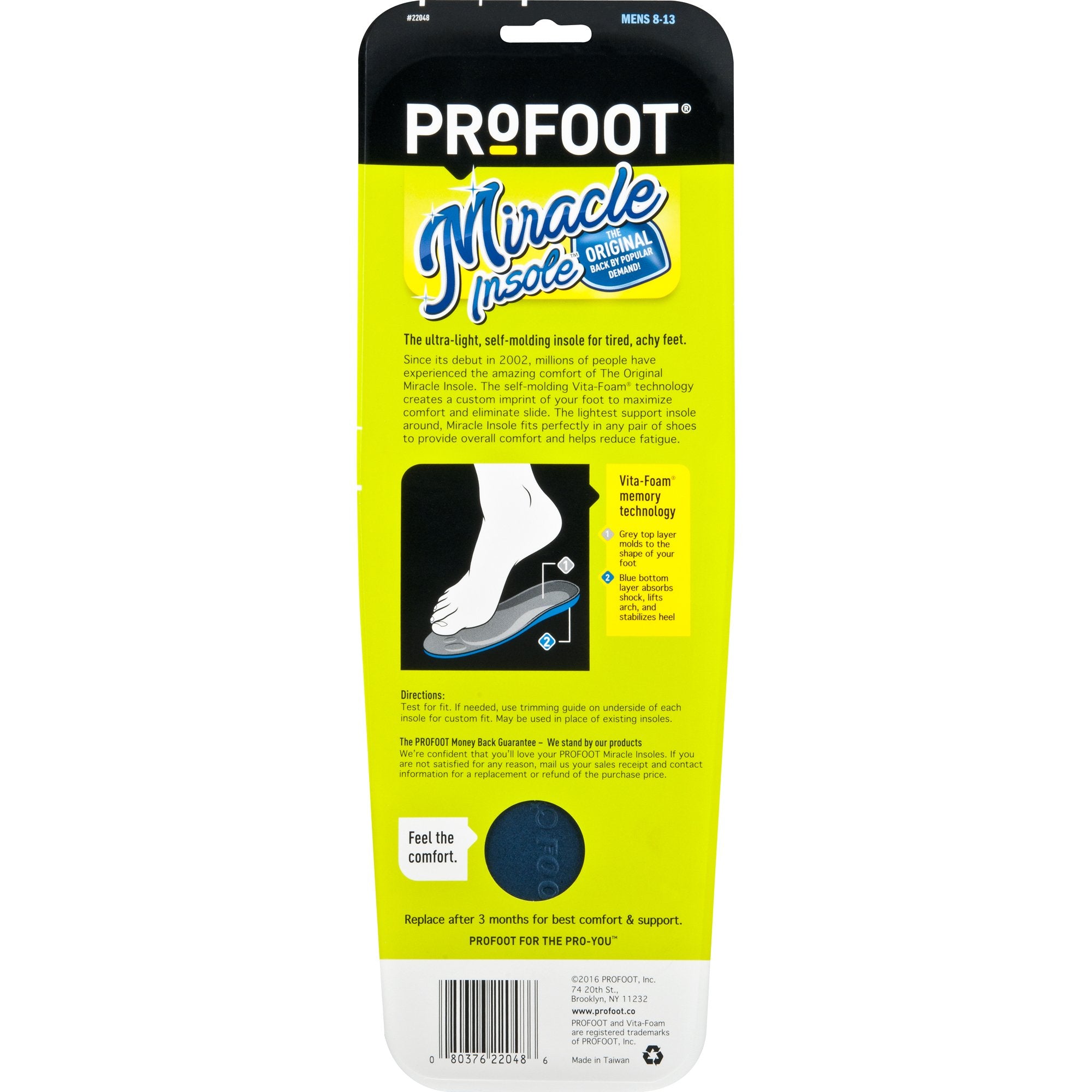 PROFOOT Miracle Insole shows heel stabilization and arch support for improved comfort.