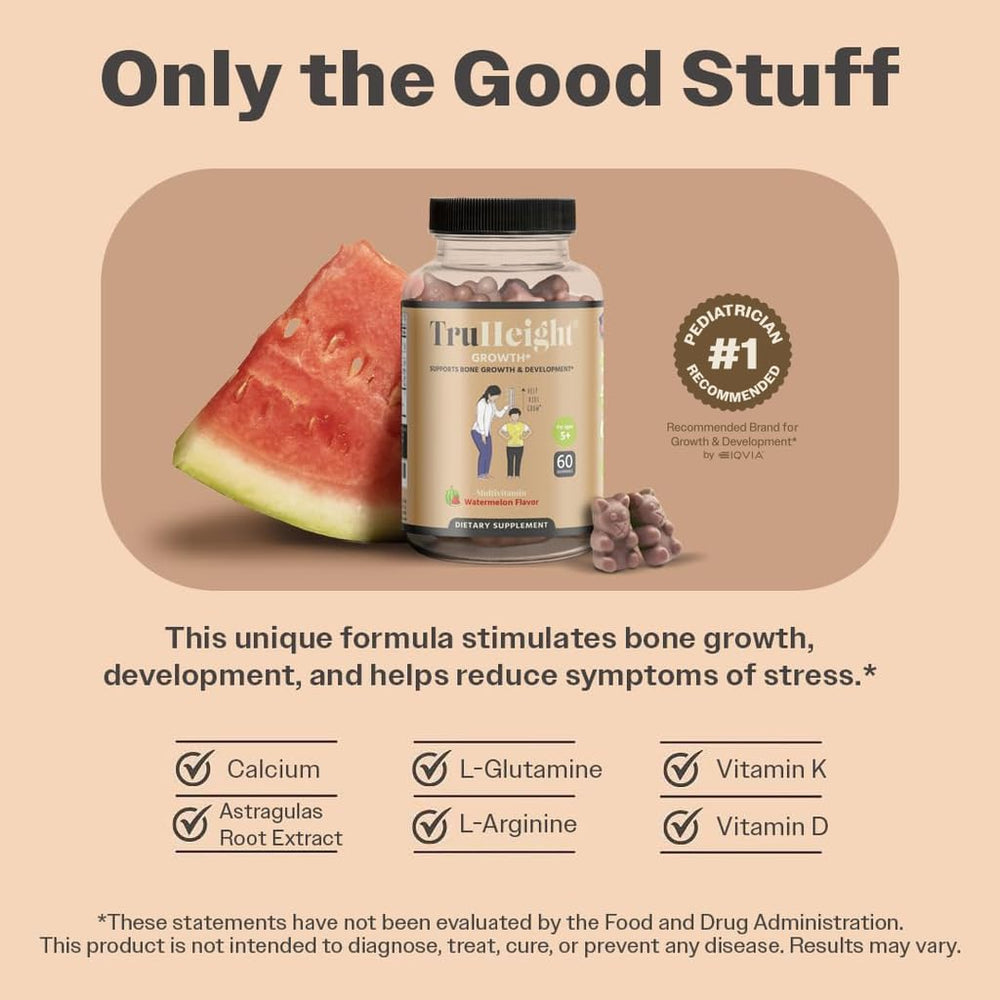 ProHeight TruHeight Growth Gummies bottle with label; includes vitamin D and calcium.