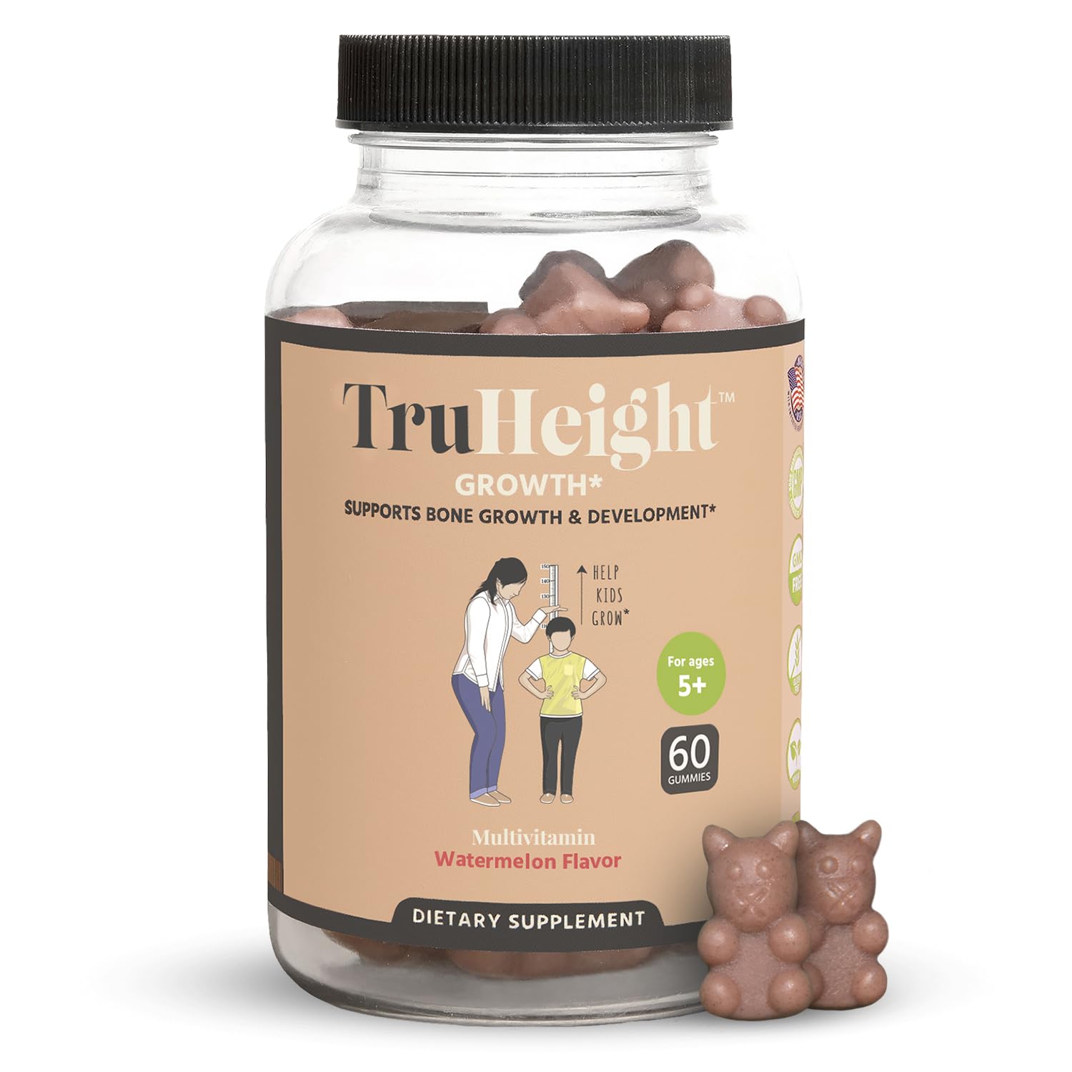 ProHeight TruHeight Growth Gummies watermelon bottle; kid-friendly bone-support nutrition.