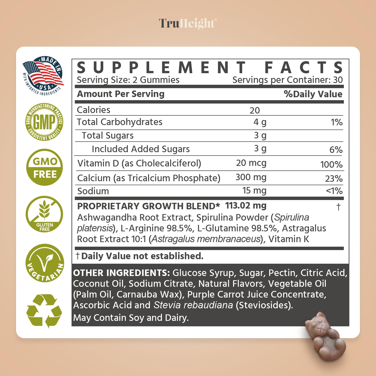 ProHeight TruHeight Growth Gummies watermelon flavor; kid-friendly tasting daily supplement.