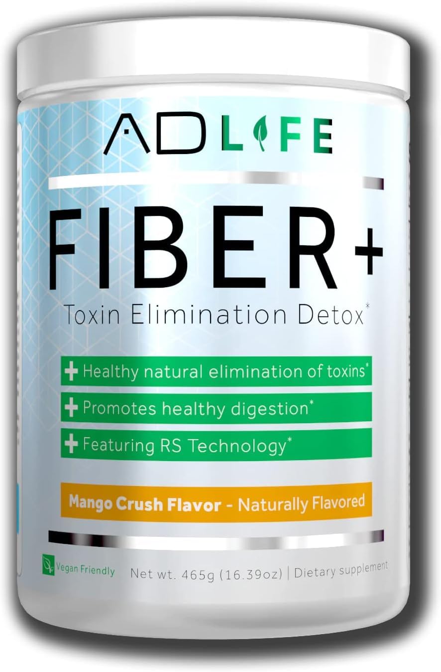 PROJECT AD Fiber+ scoop shown for easy mix with water or juice, supports digestion.