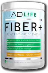 PROJECT AD Fiber+ scoop shown for easy mix with water or juice, supports digestion.