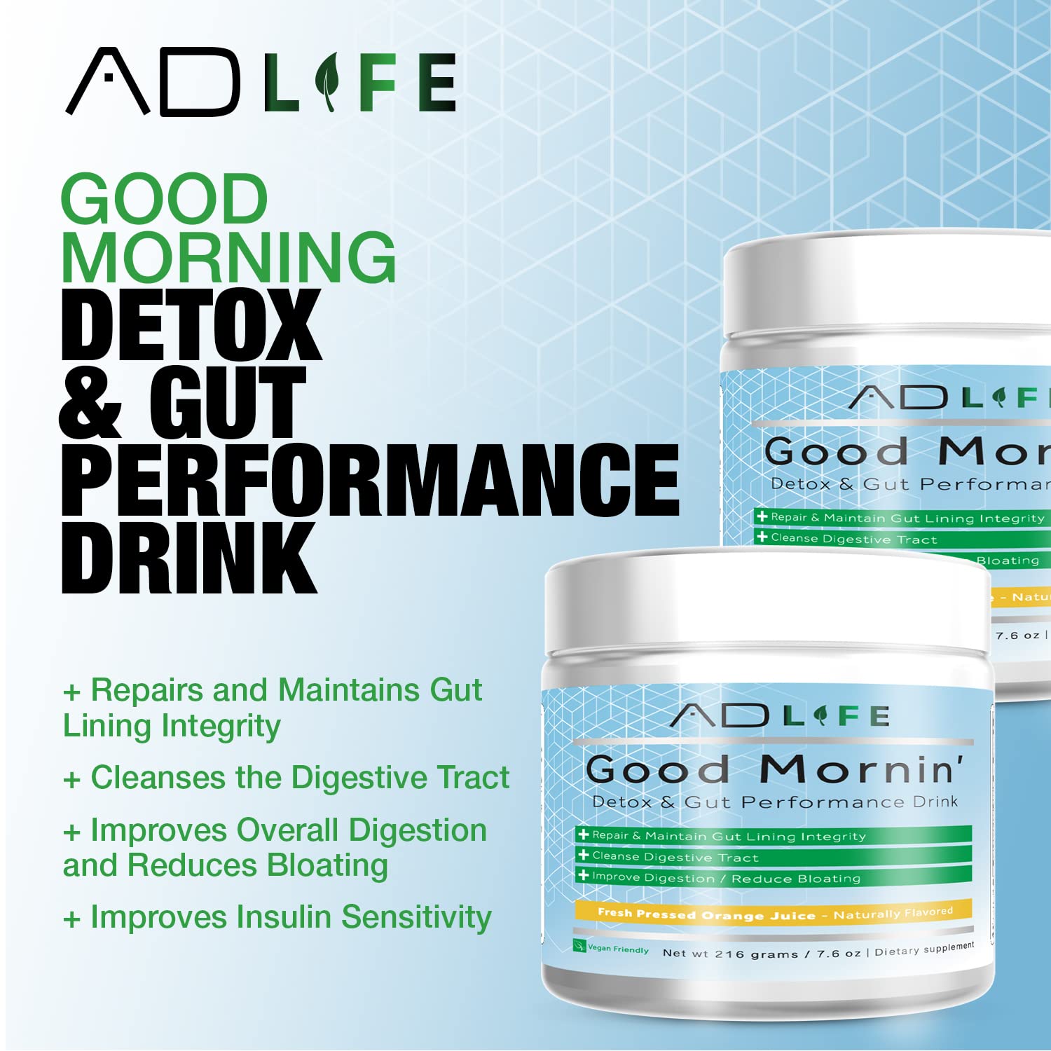 Project AD Life Good Morning glass mix demonstrates quick, convenient daily gut support.