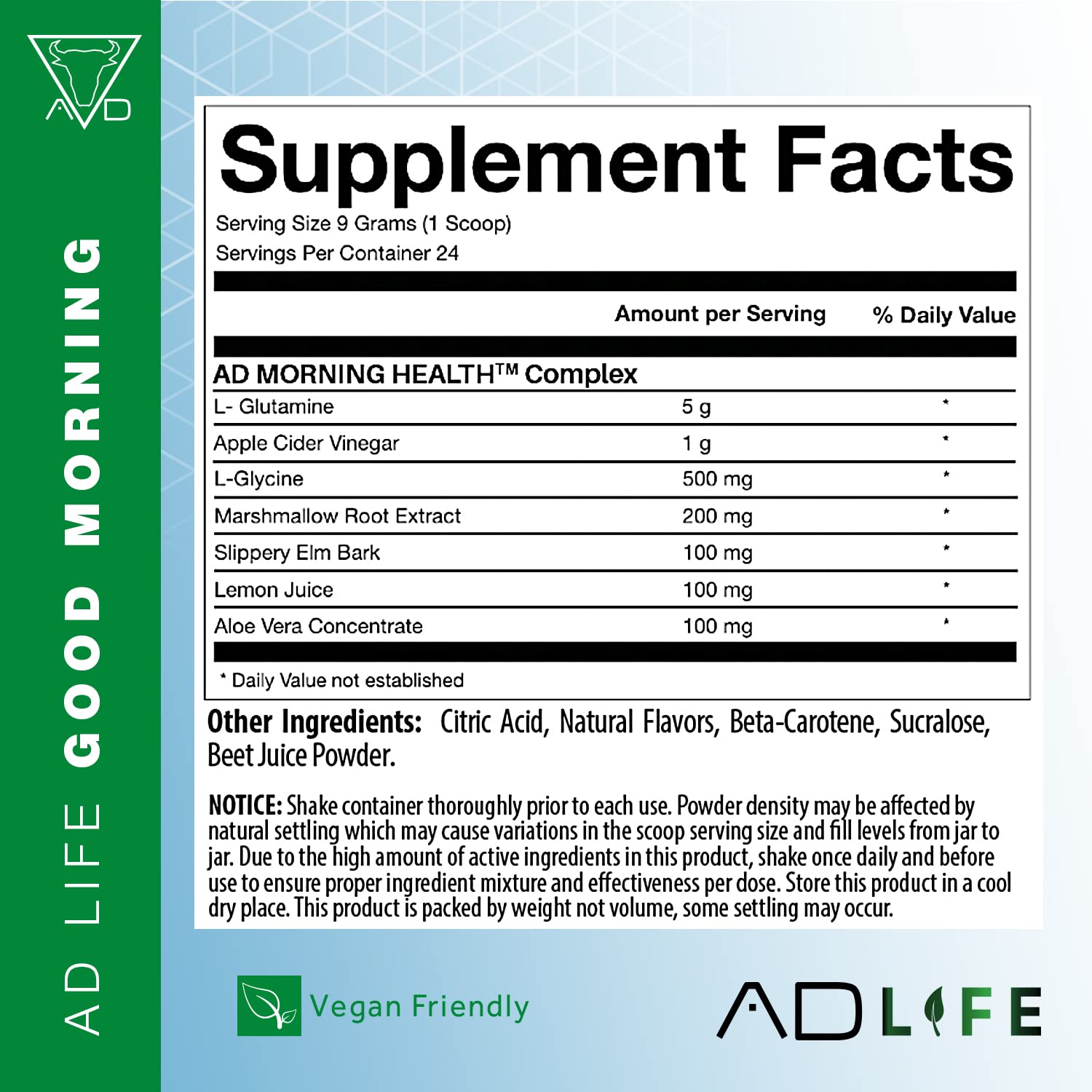 Project AD Life Good Morning label closeup highlights natural ingredients for digestion support.