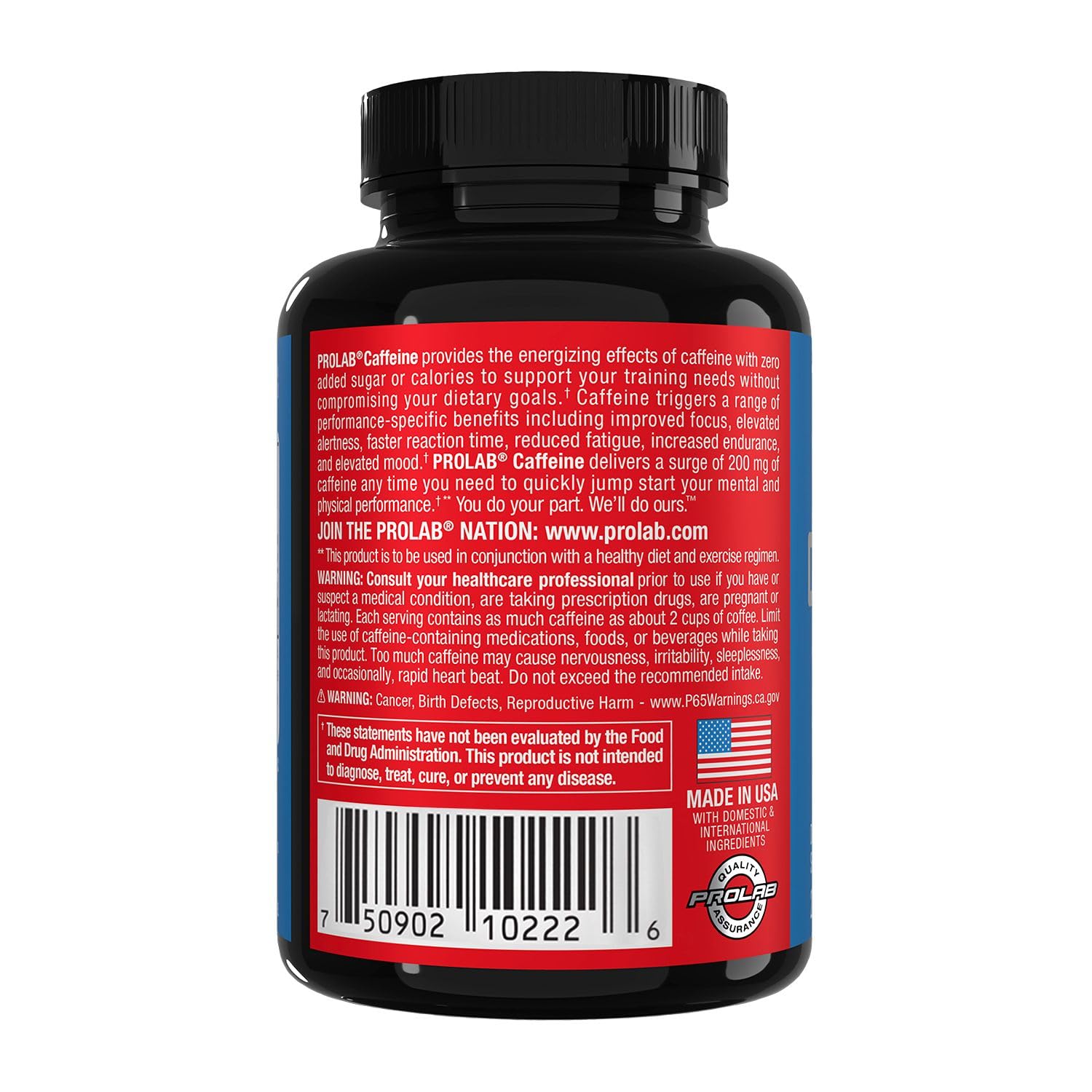 ProLab Caffeine Tablets ingredients label indicating clean formulation without sugar.