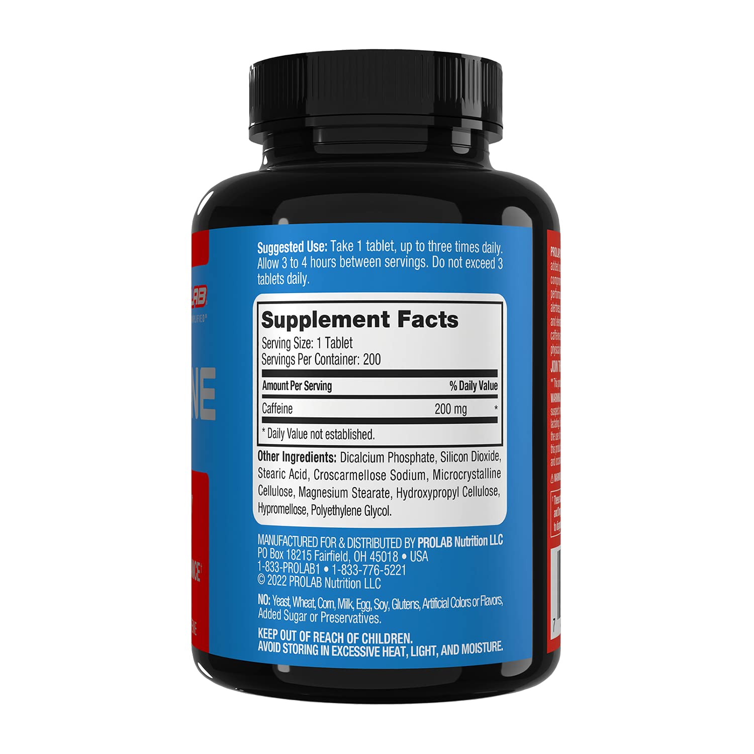 ProLab caffeine tablets bottle on shelf for daily energy support