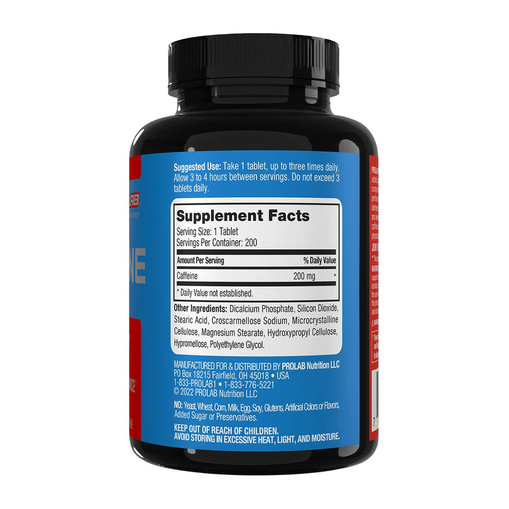 ProLab caffeine tablets bottle on shelf for daily energy support